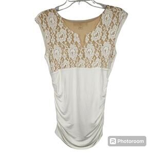 Boston Proper Sleeveless Tunic Top with Lace Bodice, Ruched Sides Size S